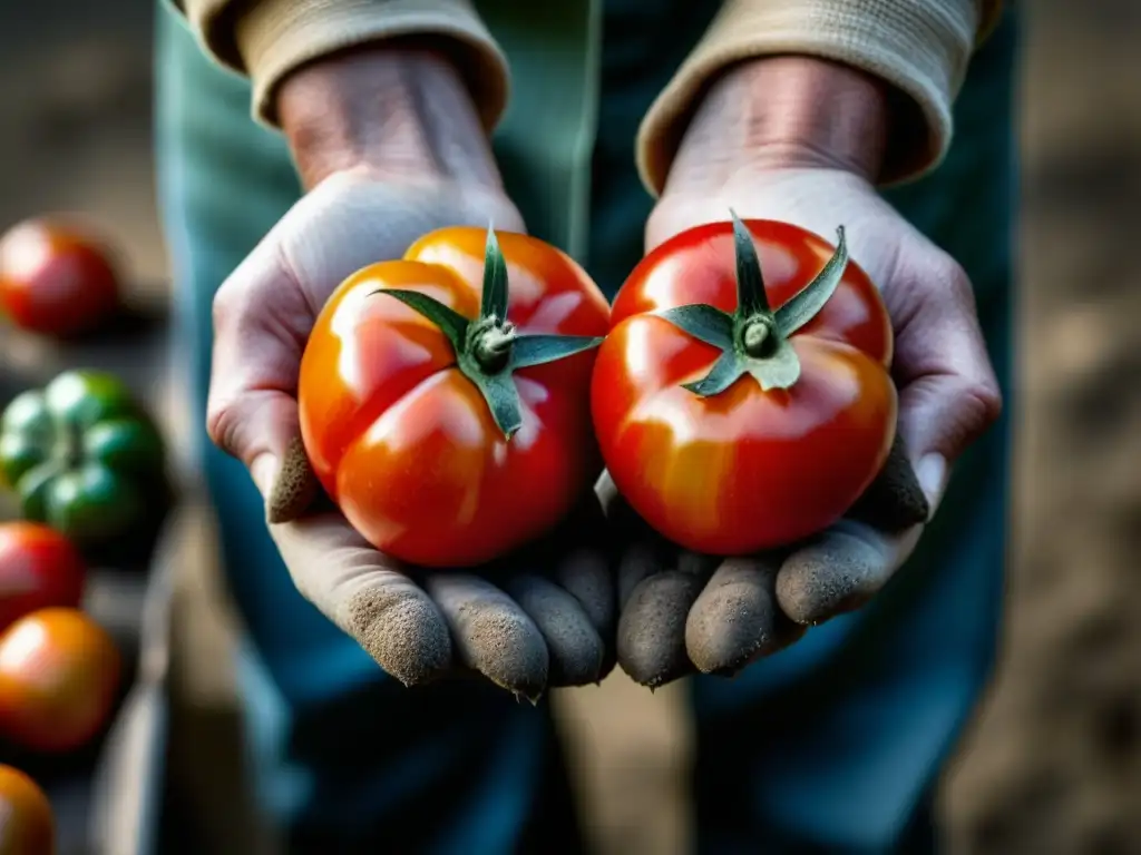 Manos de granjero sostienen tomate, resaltando detalles y colores, simbolizando prácticas agrícolas históricas en la cocina