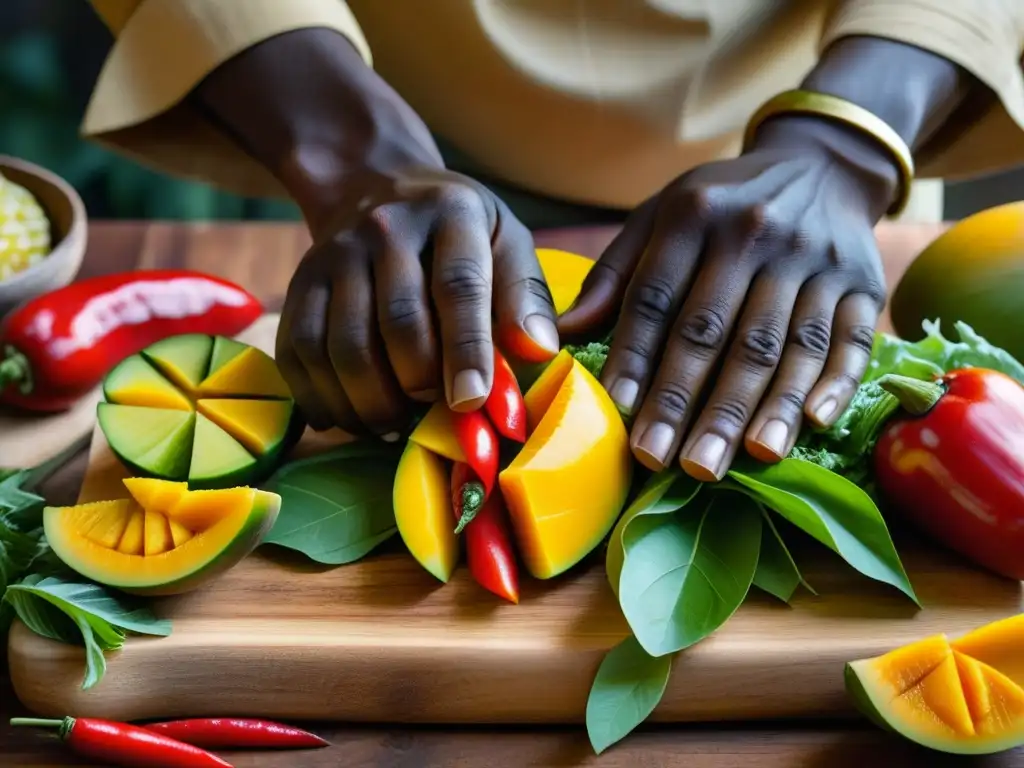 Manos de guerrero africano preparando una variedad de frutas y verduras