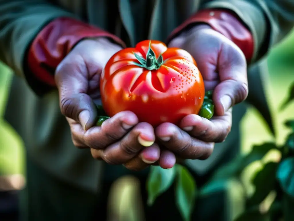 Manos de guerrillero pelando tomate rojo, mostrando fuerza y delicadeza en la alimentación en movimientos de guerrilla