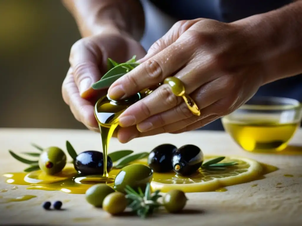 Manos hábiles vierten aceite de oliva dorado sobre ingredientes bizantinos