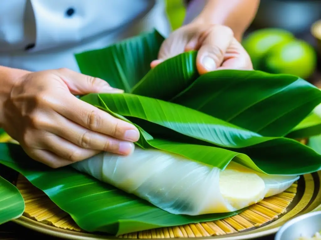 Manos hábiles envuelven arroz, frijoles y cerdo en hojas de plátano para crear los platos vietnamitas Bánh Chưng y Bánh Dày