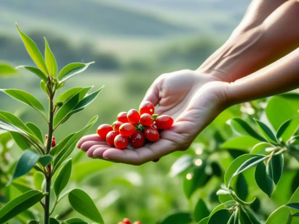 Recolección experta de bayas de goji en granja de medicina china Unas manos hábiles cosechan bayas de goji en un campo de medicina tradicional china, resaltando los beneficios y pureza