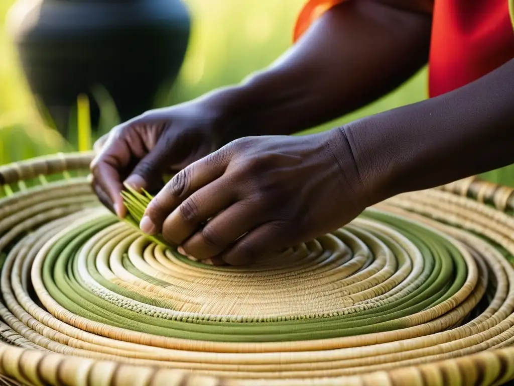 Manos hábiles tejiendo cestas de hierba dulce Gullah Geechee, mostrando influencias culinarias africanas en América