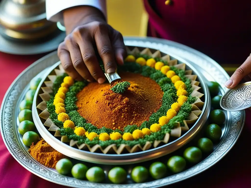 Manos hábiles de chef moldean especias vibrantes en plato Mughal durante festival religioso