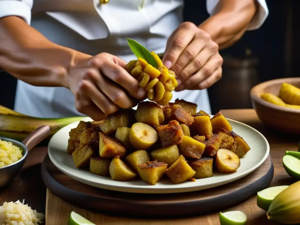 Las manos hábiles de un chef preparando mofongo, resaltando la evolución de la receta con plantanos, ajo y chicharrones en un pilón de madera