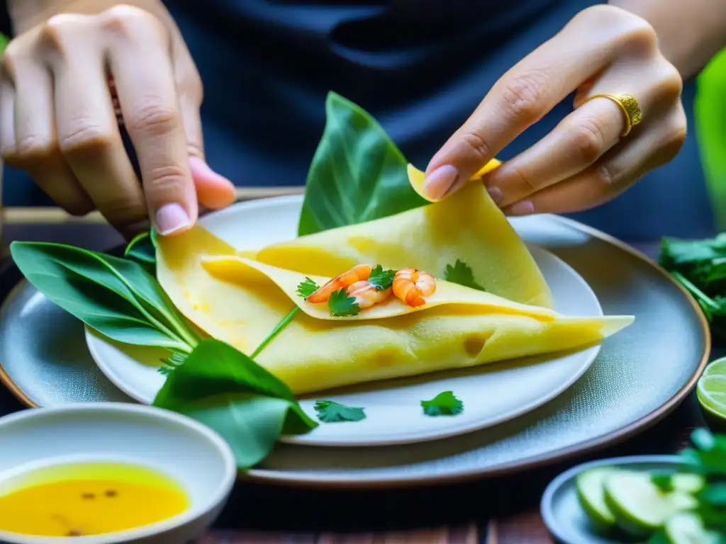 Unas manos hábiles arman con maestría un colorido y elaborado crepe vietnamita Banh Xeo, fusionando sabores e historia culinaria de IndoChina