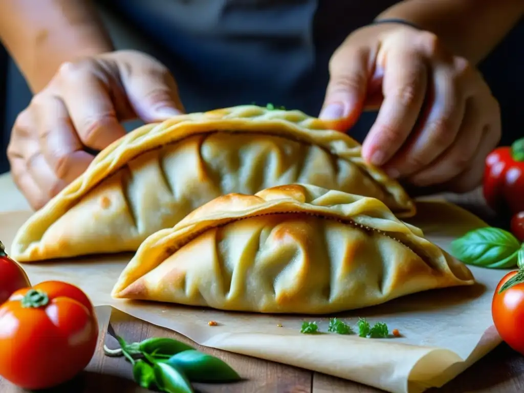 Manos hábiles doblan empanadas tradicionales, resaltando fusión cultural Europa-Sudamérica