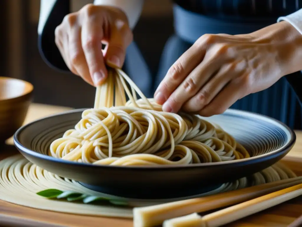 Unas manos hábiles amasan fideos soba con destreza, mostrando la artesanía en la elaboración de estos fideos japoneses