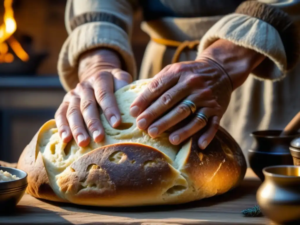 Unas manos hábiles dan forma a un pan vikingo tradicional, con detalles en la masa y joyas vikingas