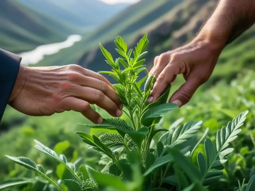 Manos hábiles recogen hierbas silvestres en paisaje armenio, destacando su belleza y diversidad culinaria