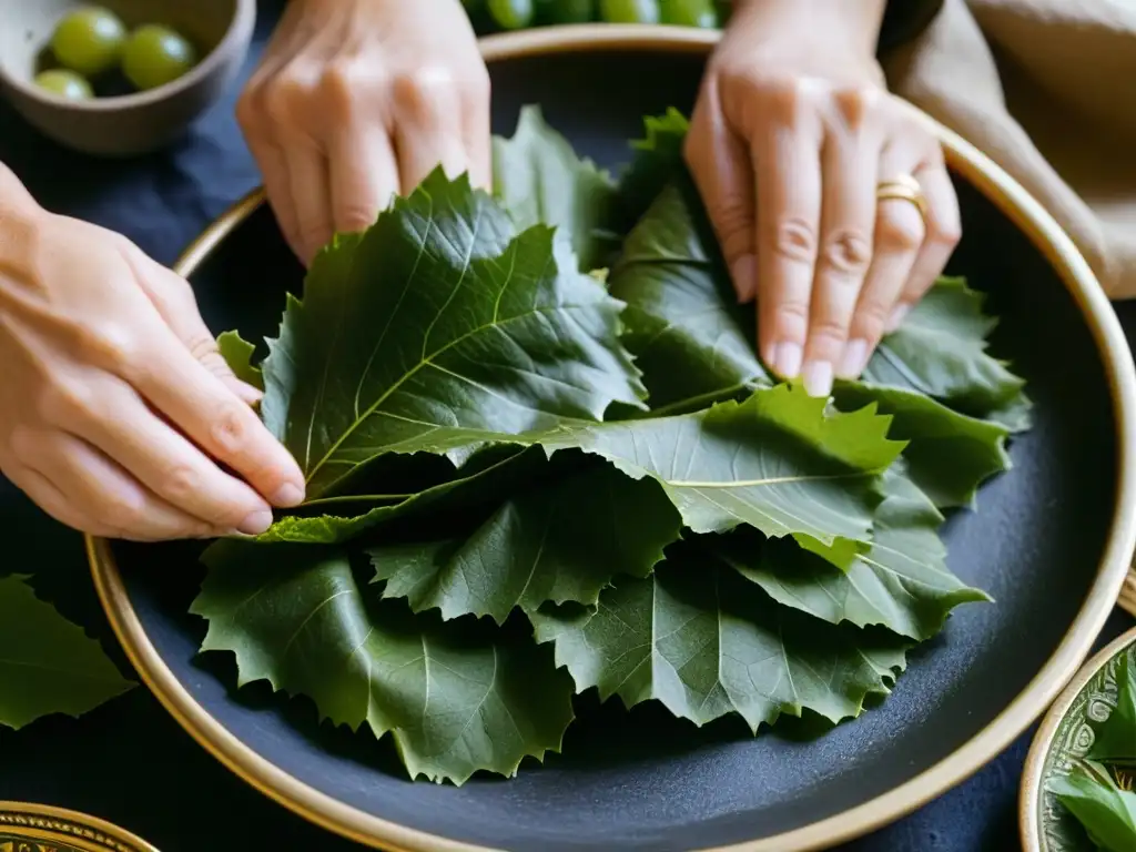 Manos hábiles envuelven hojas de uva con mezcla sazonada, técnicas ancestrales de conservación alimentos Bizancio