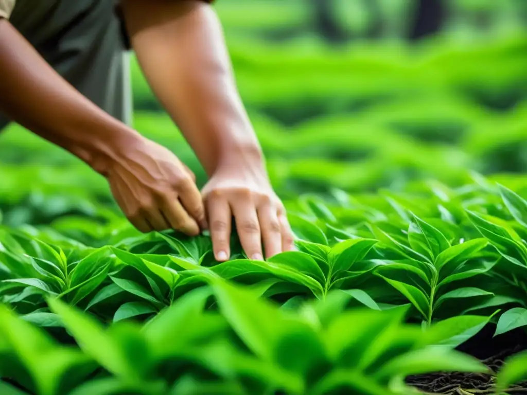 Manos hábiles cosechando hojas de té verde en una plantación soleada, evocando la historia de la producción de té en la era industrial