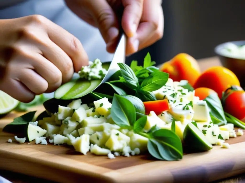 Manos hábiles preparan ingredientes frescos para Raita, mostrando la historia y variantes regionales de esta delicia culinaria