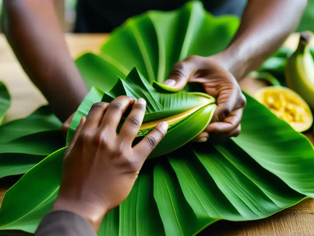 Manos hábiles envuelven ingredientes en hoja de plátano verde, mostrando técnica culinaria africana