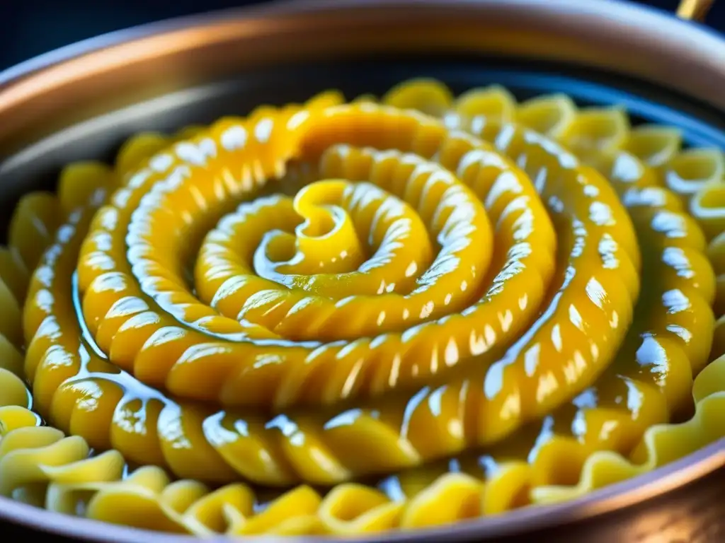 Manos hábiles creando jalebis dorados en una olla de cobre, resaltando el origen persa del dulce