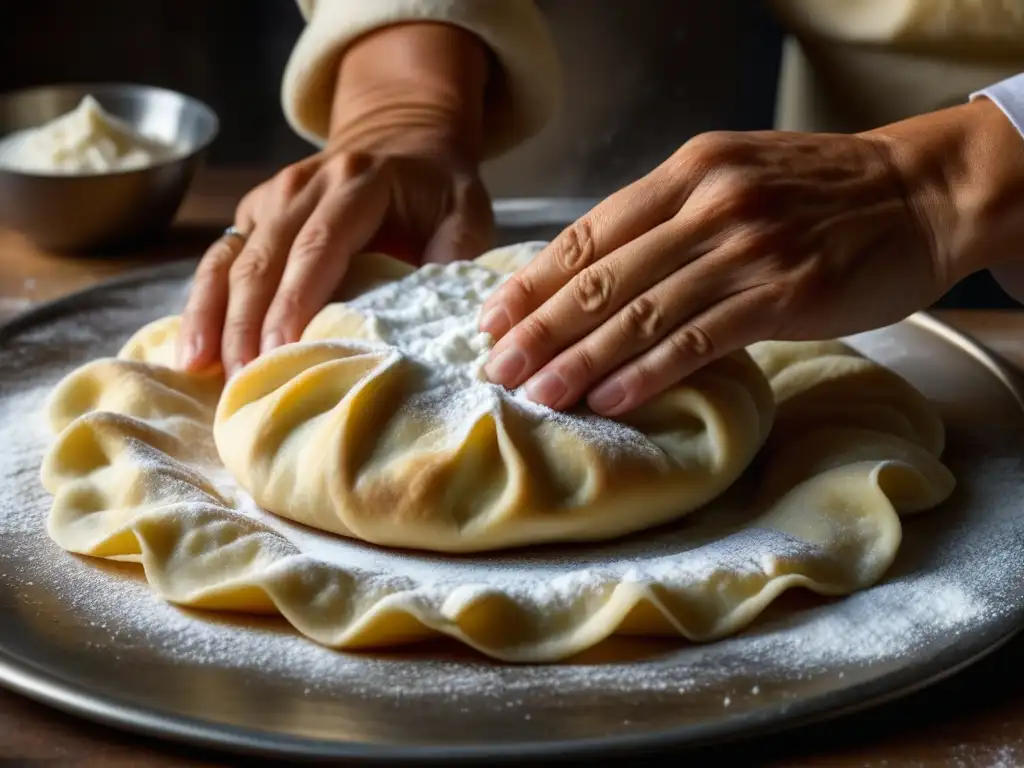 Unas manos hábiles moldeando la masa del lángos húngaro, mostrando su textura y elasticidad