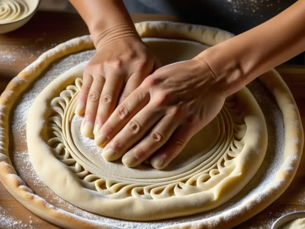 Unas manos hábiles preparando la masa para la pizza armenia en detalle