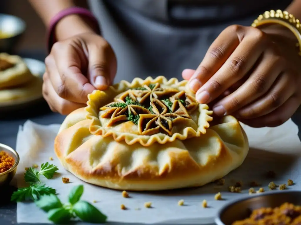 Unas manos hábiles doblan masa alrededor de un relleno de carne y hierbas, creando pasteles de carne surasiáticos