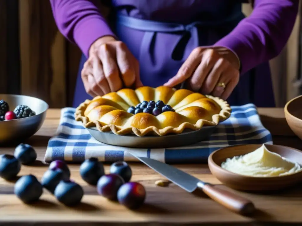 Manos hábiles creando un pastel de calafate, destacando la importancia cultural del calafate en la cocina patagónica