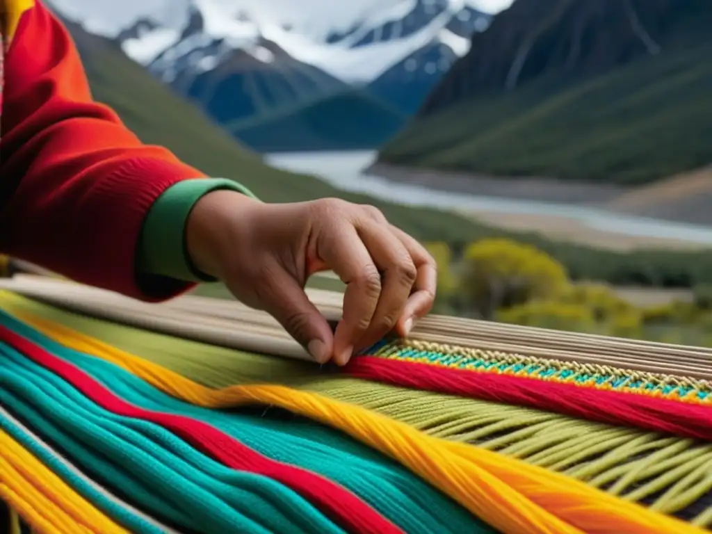 Manos hábiles tejen patrón colorido con lana, en Patagonia, destacando técnicas ancestrales de conservación alimentos