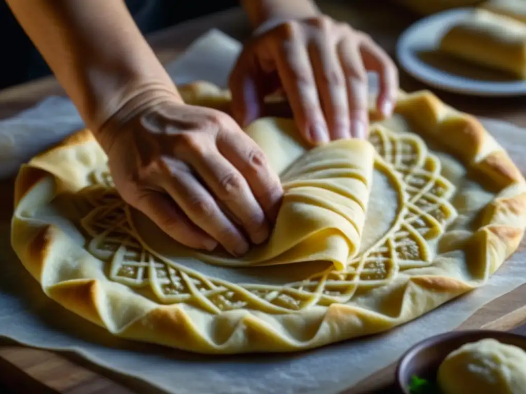 Arte culinario: manos expertas creando baklava armenio Manos hábiles creando patrones en la masa para baklava armenio, mostrando arte preciso en recetas armenias históricas reinventadas