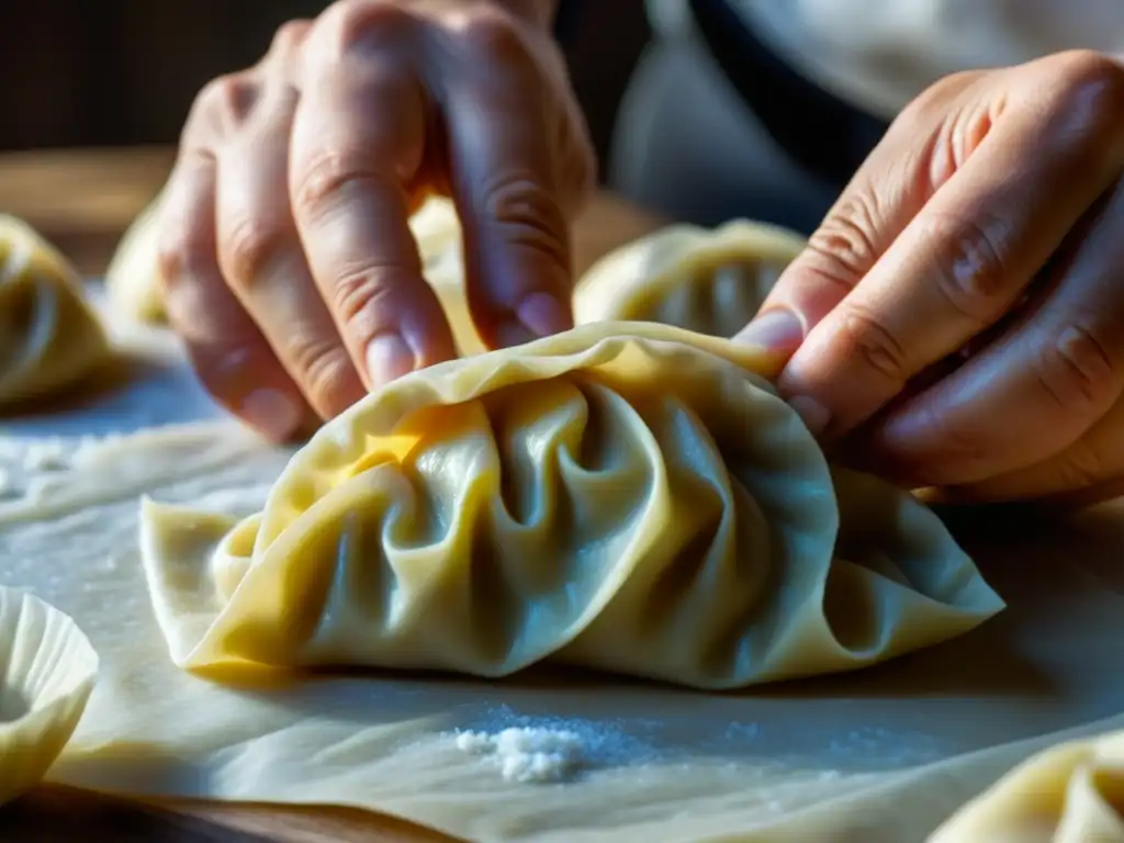 Unas manos hábiles crean Pelmeni siberiano con destreza