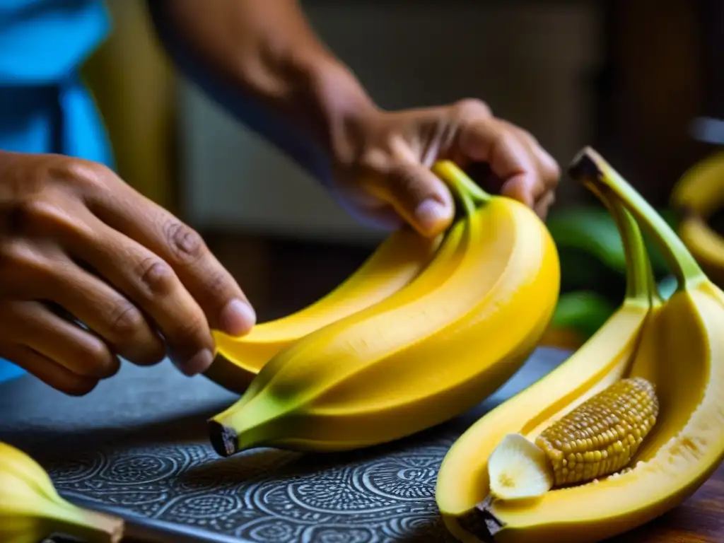 Unas manos hábiles pelan un plátano dorado en cocina tradicional de Micronesia