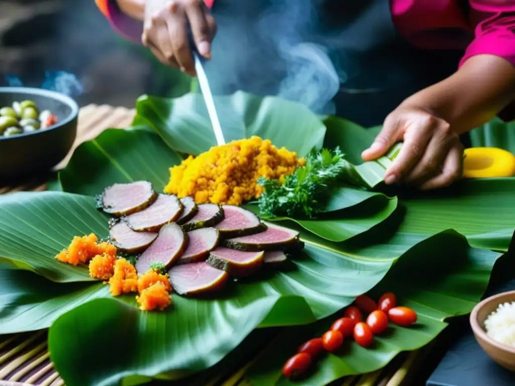 Manos hábiles preparan Receta tradicional Pachamanca en Perú en hojas de plátano con piedras calientes