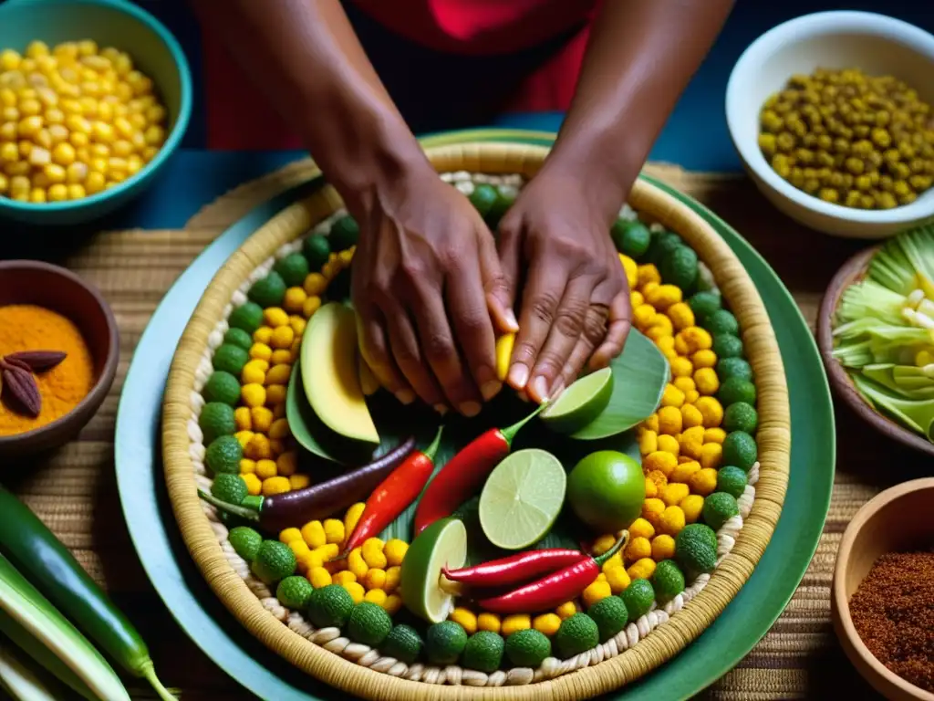 Manos hábiles preparando recetas precolombinas reconstrucción sabores perdidos con maíz, cacao y chiles