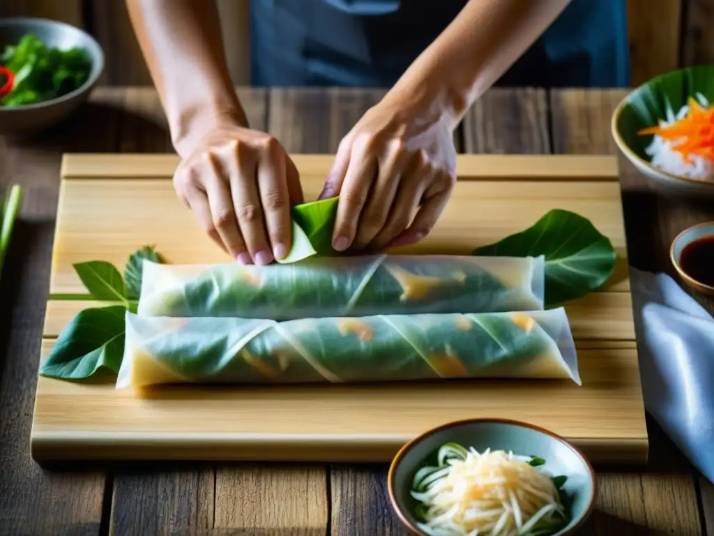 Unas manos hábiles envuelven un rollo primavera vietnamita, resaltando la meticulosidad y arte de su elaboración