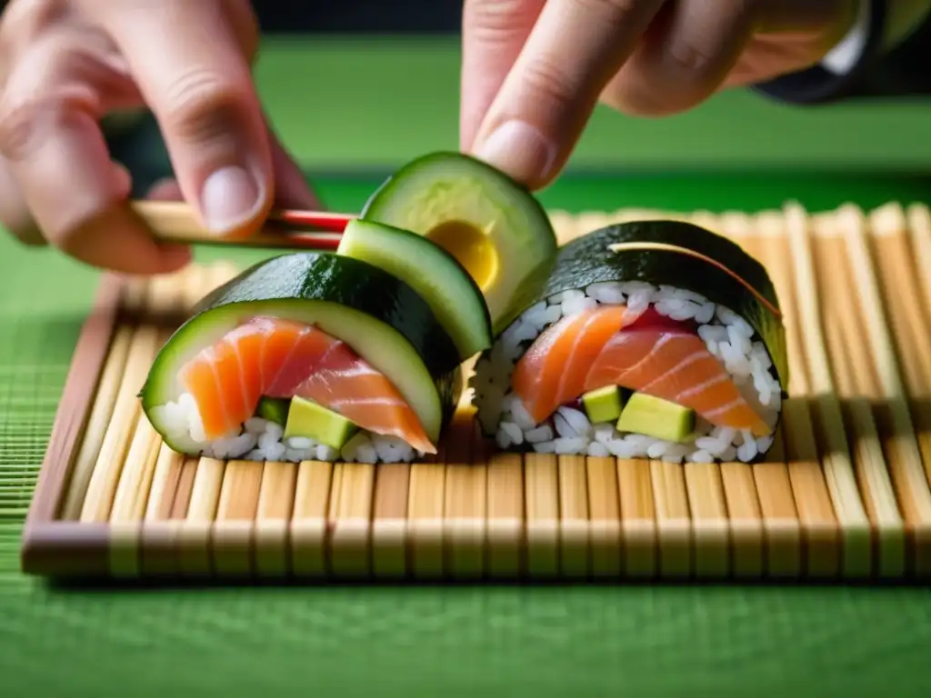 Manos hábiles armando un rollo de sushi con ingredientes asiáticos en mesas europeas