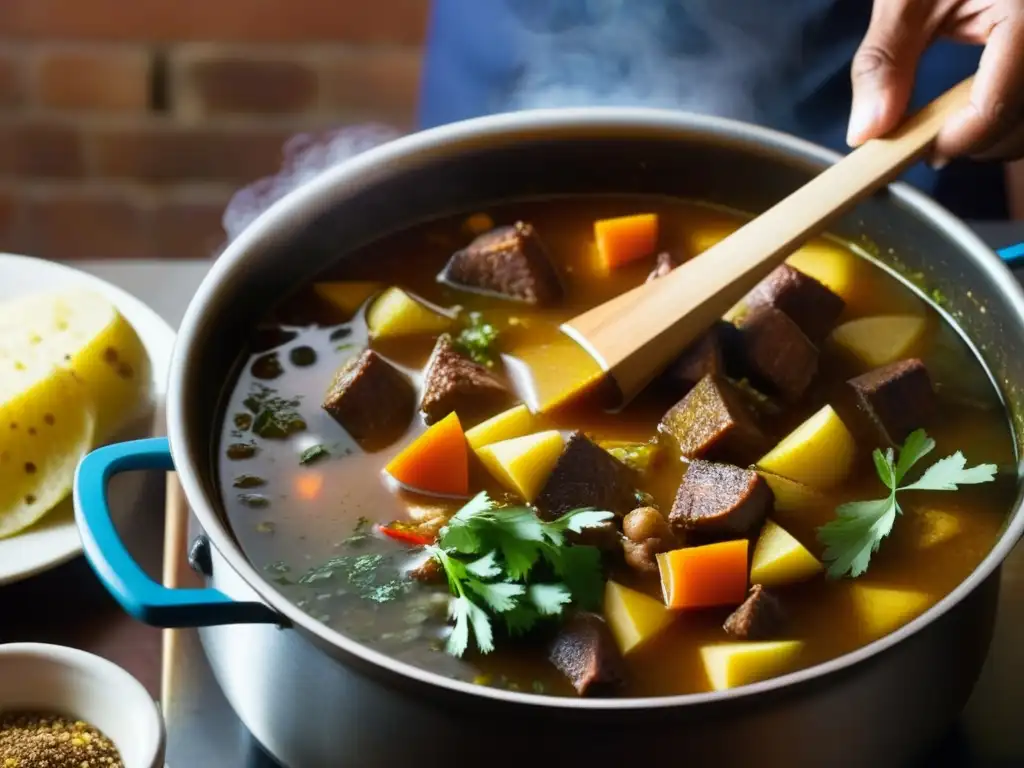 Unas manos hábiles sazonan un sancocho burbujeante, resaltando la influencia africana en la cocina hispanoamericana