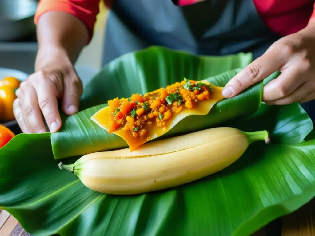 Unas manos hábiles preparan tamales andinos en hoja de plátano