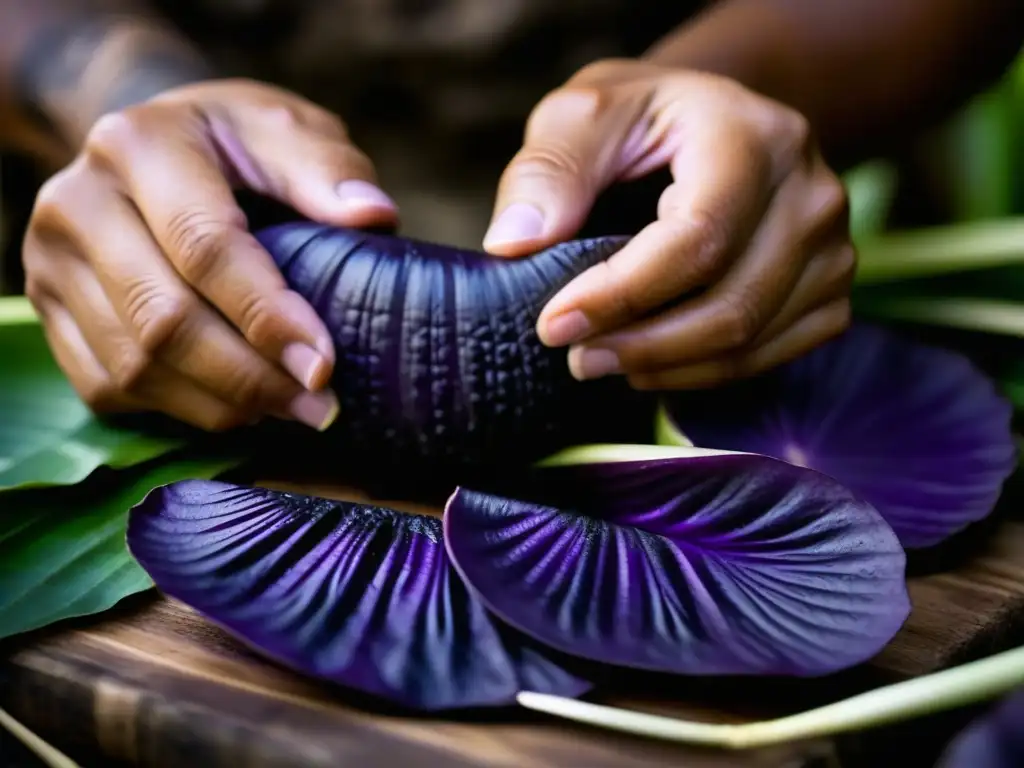 Manos hábiles pelando un taro morado, resaltando texturas e historia