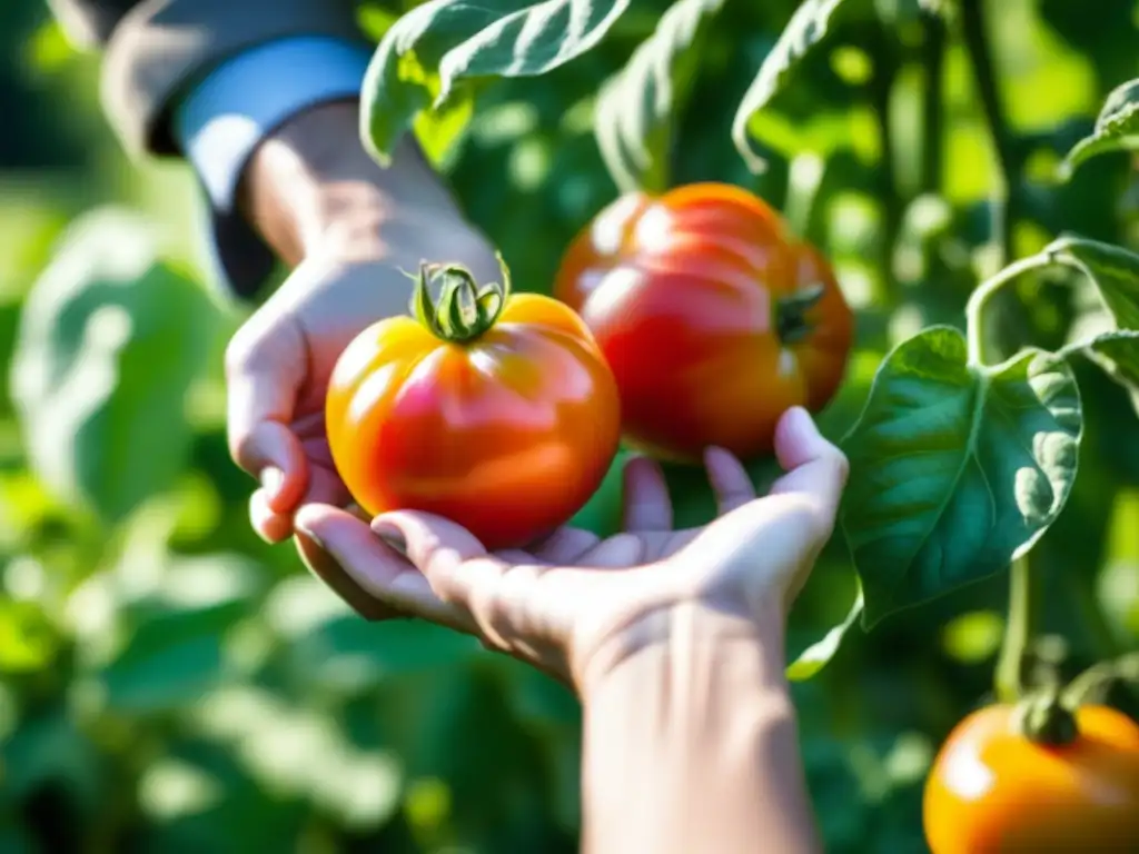 Manos hábiles cosechando tomates orgánicos en un jardín soleado, resaltando la belleza única de cada fruto