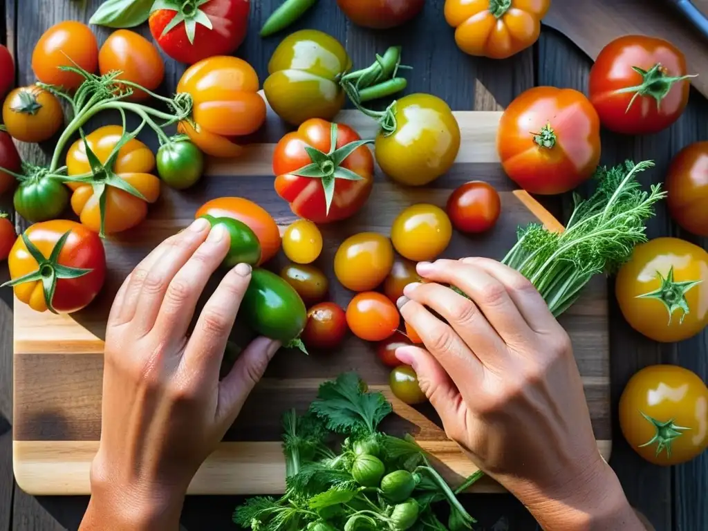 Unas manos hábiles arreglan tomates, zanahorias y hierbas en tabla