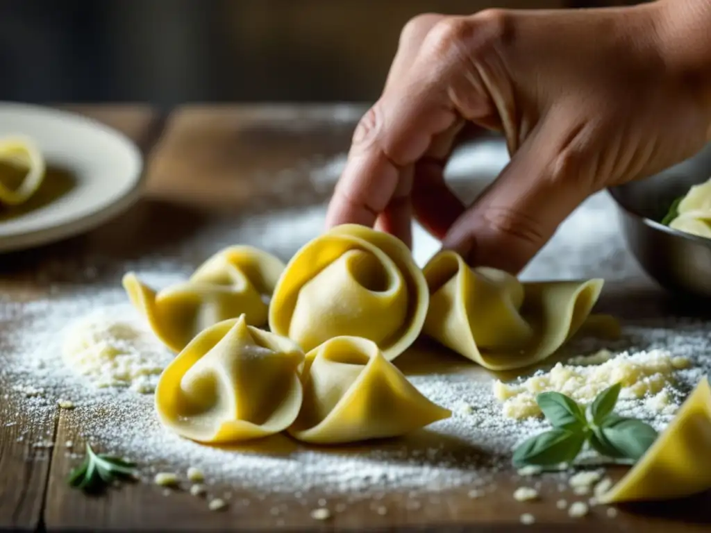 Manos hábiles creando tortellini, resaltando el proceso artesanal