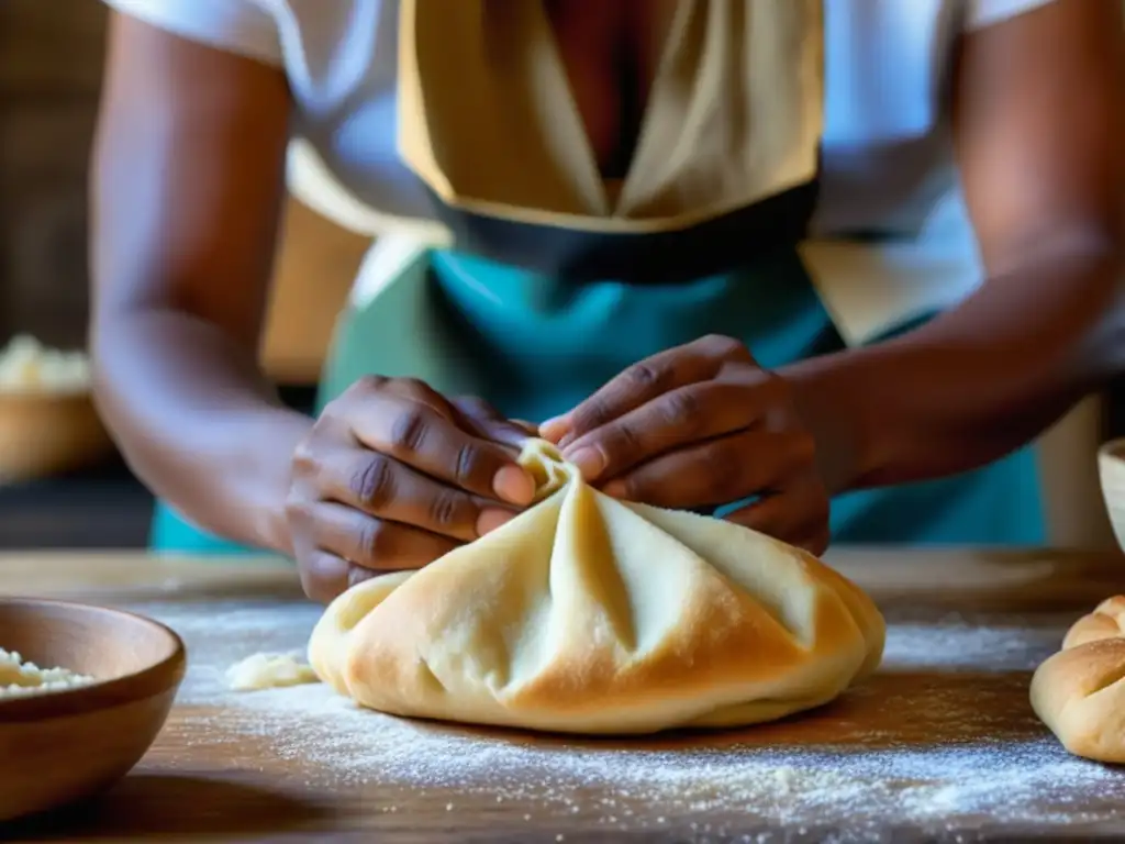 Manos hábiles moldeando vetkoek sudafricano en cocina tradicional durante el apartheid, evolución cocina sudafricana apartheid