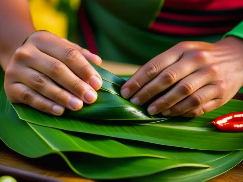 Manos habilidosas envuelven carne en hoja de maguey para receta mixiotes tradición culinaria azteca