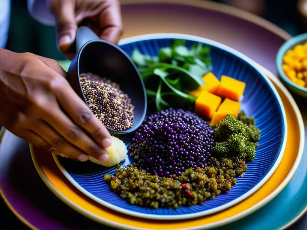 Las manos habilidosas de un chef preparan con detalle un platillo postcolombino, fusionando ingredientes coloridos en una obra de arte culinaria