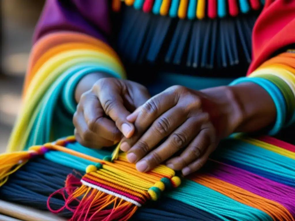 Manos habilidosas de un indígena Chibcha tejiendo fibras coloridas, reflejando la artesanía tradicional y la relación con la geografía colombiana