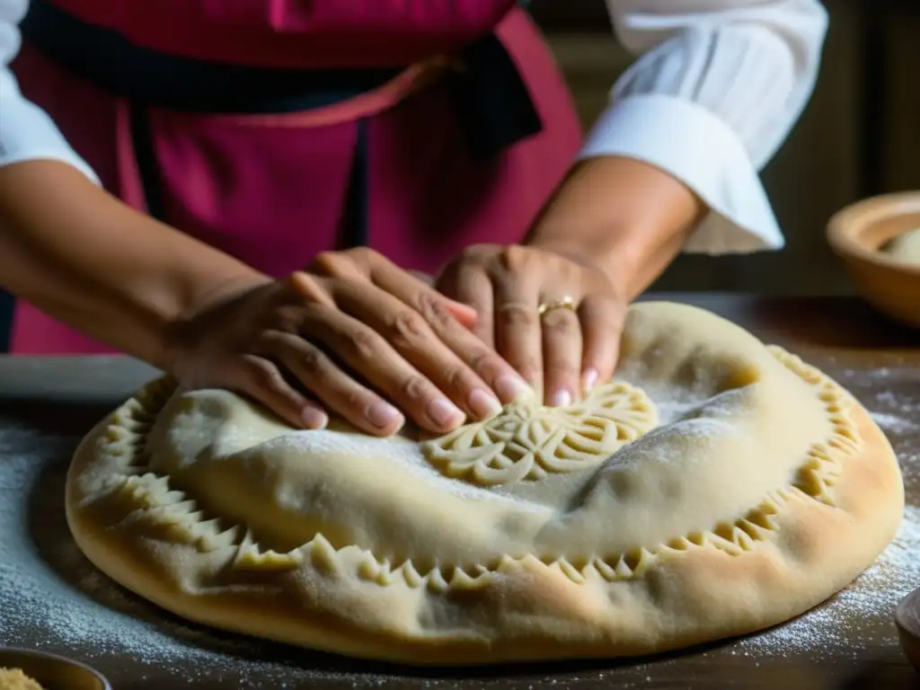 Manos habilidosas amasan masa con patrones y texturas, resaltando la tradición culinaria de las Mujeres en la cocina colonial