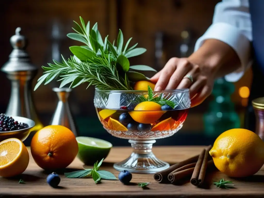 Arte en cristal: manos crean cóctel con hierbas y frutas Manos moliendo hierbas y frutas en vaso de cristal, con ingredientes coloridos y texturas vibrantes, evocando cócteles antiguos del Renacimiento