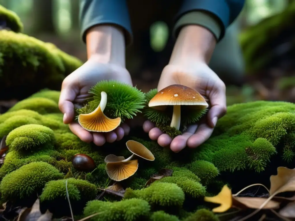 Manos recolectando hongos en el bosque, mostrando la conexión con la naturaleza en el forrajeo sostenible historia culinaria