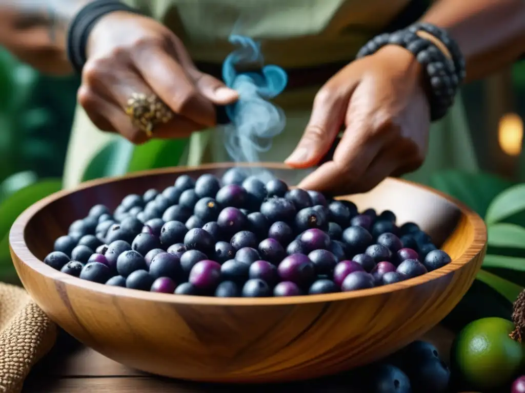 Manos indígenas en la Amazonía mezclan bayas de açaí en un tazón de madera, inmersos en la fermentación en la Amazonía