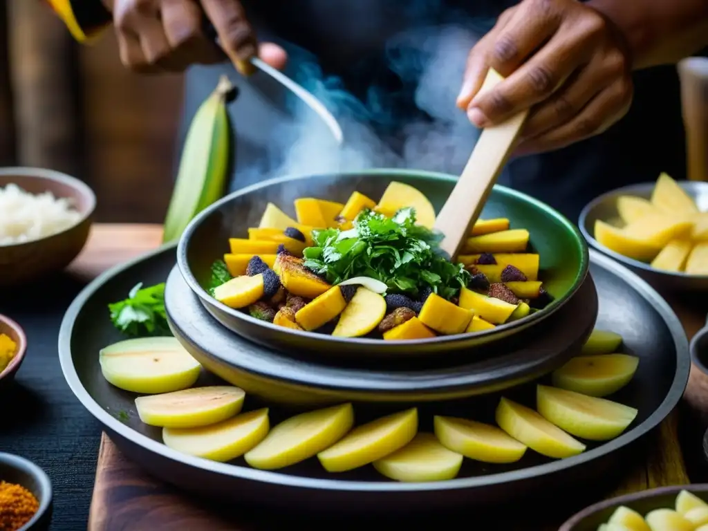 Manos indígenas preparando comidas tradicionales eventos amazónicos con ingredientes vibrantes y aromas terrosos