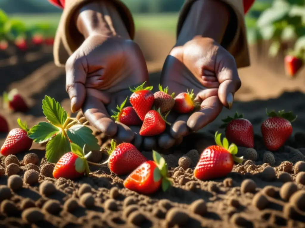 Manos indígenas cosechando fresas rojas en campo soleado, con detalles de semillas y tierra