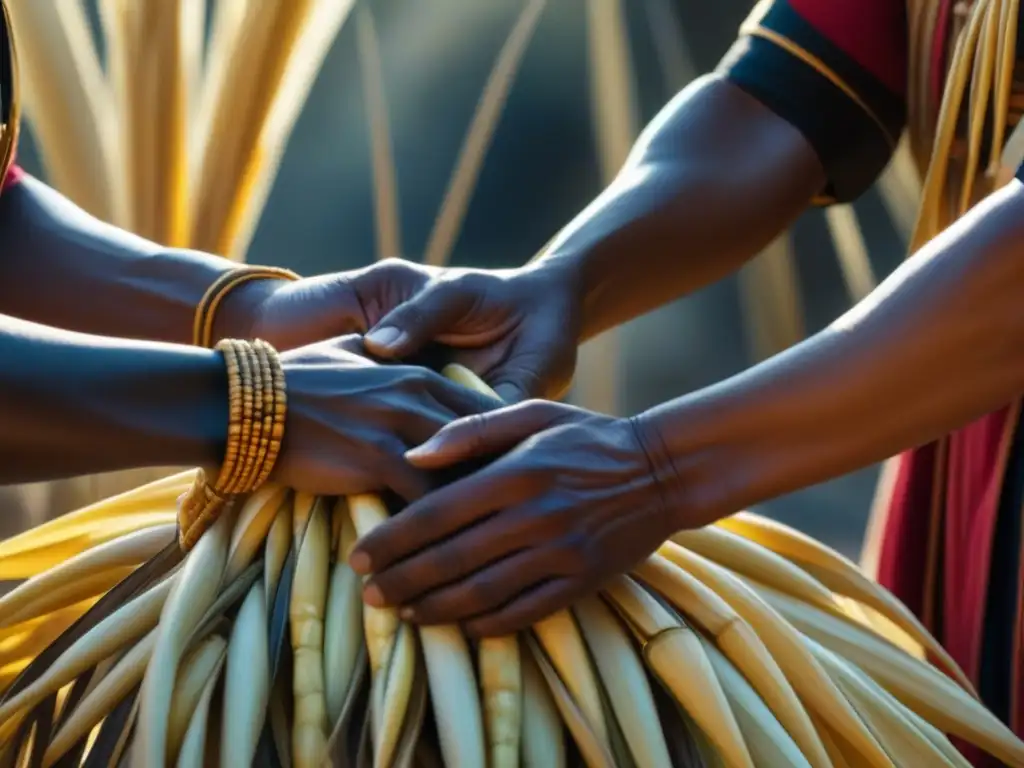 Manos indígenas tejiendo headdress de maíz en Fiestas de cosecha América colonial