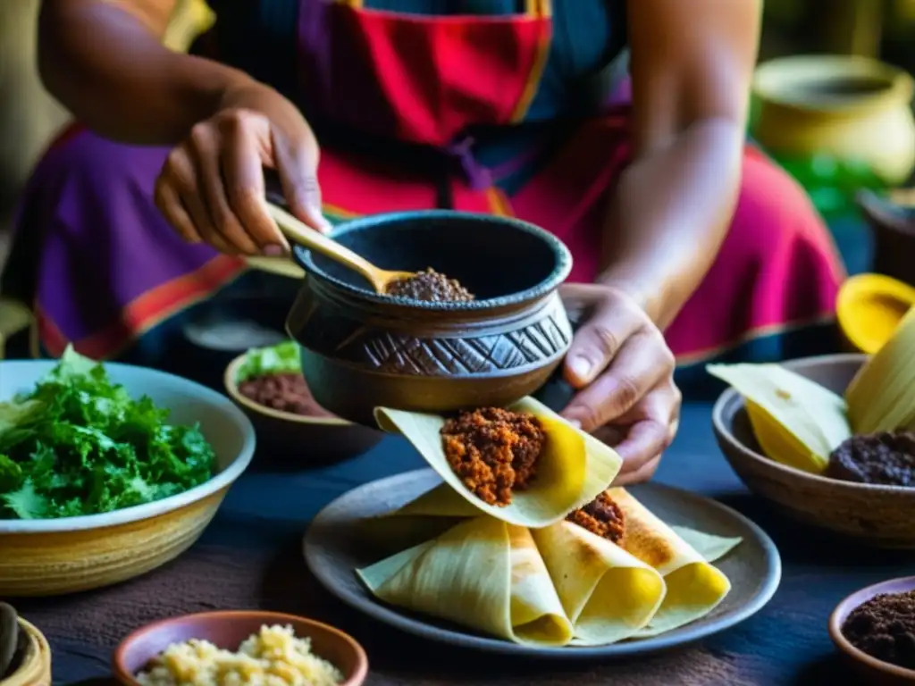 Manos indígenas preparando platillos mesoamericanos durante la conquista, resaltando la función social de la comida