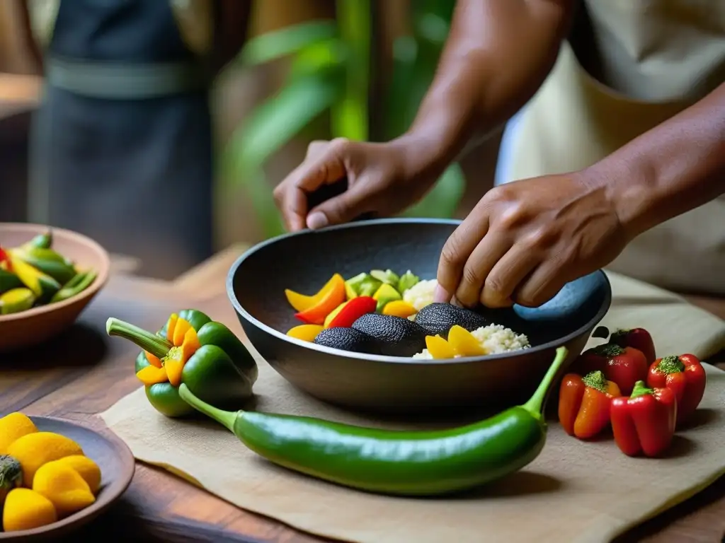 Manos indígenas preparando recetas tradicionales pueblos indígenas Amazonía en cocina rústica